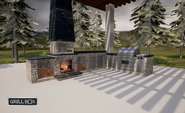 Cocina exterior con asador de acero inoxidable y piedra