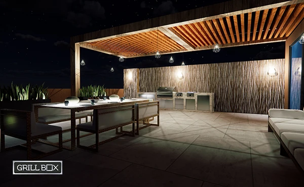 Terraza con asador e iluminación cálida