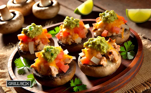 Champiñones rellenos con salsa de aguacate y pico de gallo para acompañar la parrillada