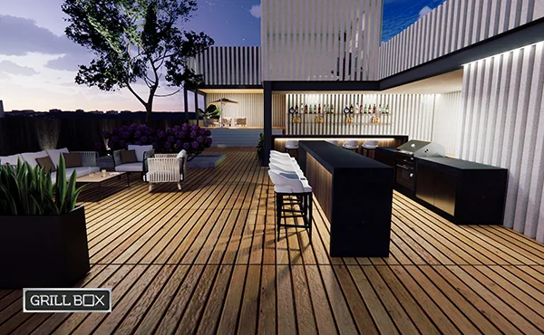 Terraza moderna con asador y bar al aire libre