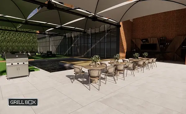 Terraza al aire libre con estilo contemporáneo y toldos grises