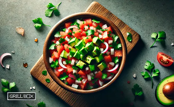 Taza con pico de gallo y aguacate servida sobre una mesa