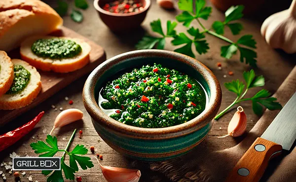 Envase con salsa chimichurri para acompañar la carne a la parrilla servida en rodajas de pan